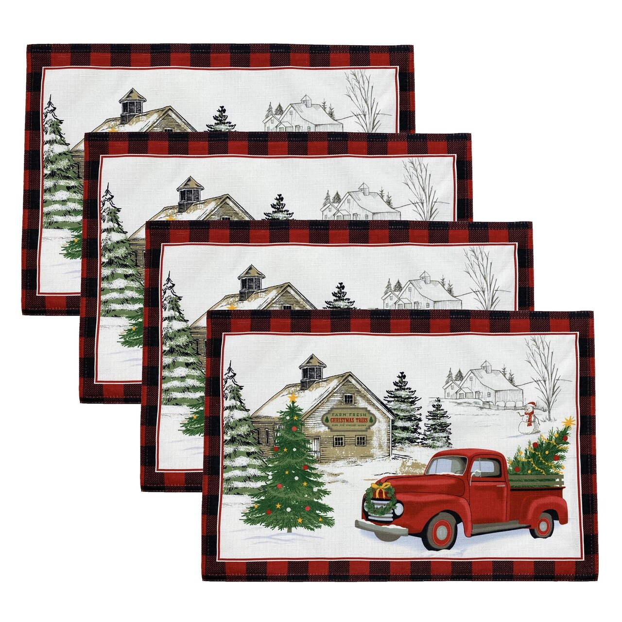 Threadmade Home Vintage Christmas Tree Farm Holiday Placemat, Set of 4, Multicolor - 13"W x 19"L